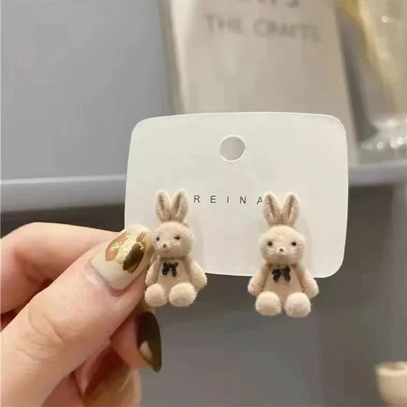 Cute Flocking Plush Rabbit Bear Stud Earrings Kawaii Brown Khaki Animal Earrings For Women Girls Korean Earring Jewelry