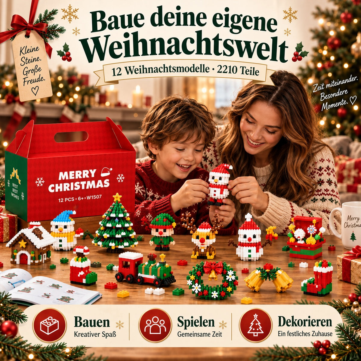 ⏳ Nur heute 49 % sparen – 🎄 12-Tage-Mini-Weihnachts-Bauset zum Selberbauen | 12 einzigartige, festliche Bausets mit Aufhängeschlaufen – perfekt zum Schmücken von Weihnachtsbäumen, Kränzen und festlichen Dekorationen 🧱