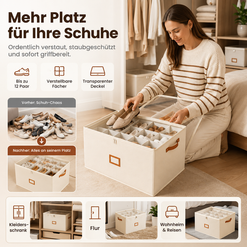 👟 Begrenzte Zeit – 50 % RABATT! 💥 Schuh-Organizer aus Stoff – platzsparende Aufbewahrungsbox – für bis zu 12 Paar Schuhe – ideal für Kleiderschränke, Flure & Reisen – schützt vor Staub & Schmutz